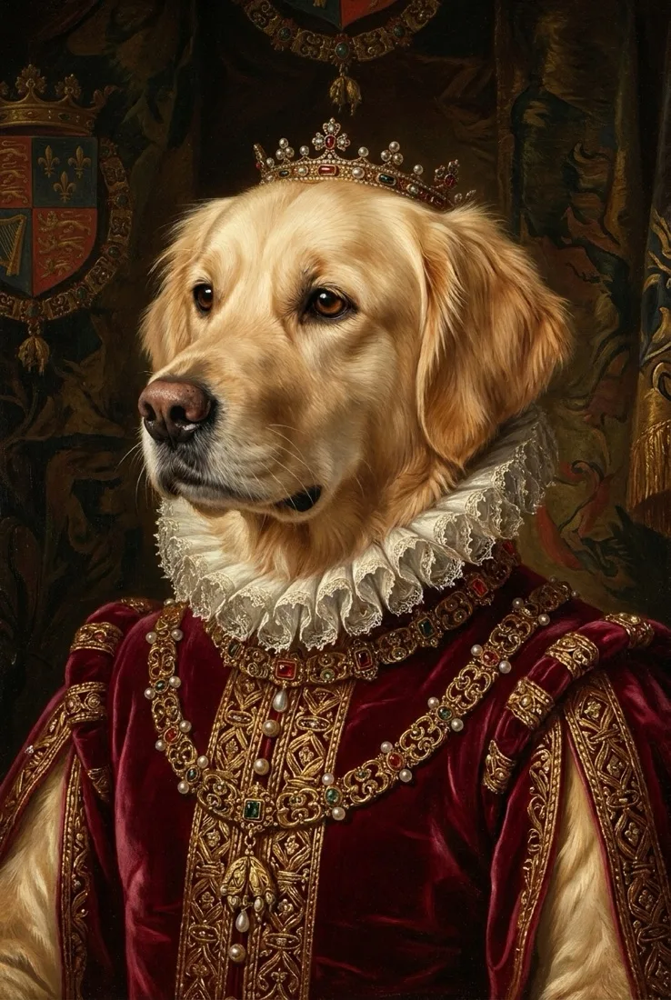The same golden retriever as a royal canvas portrait