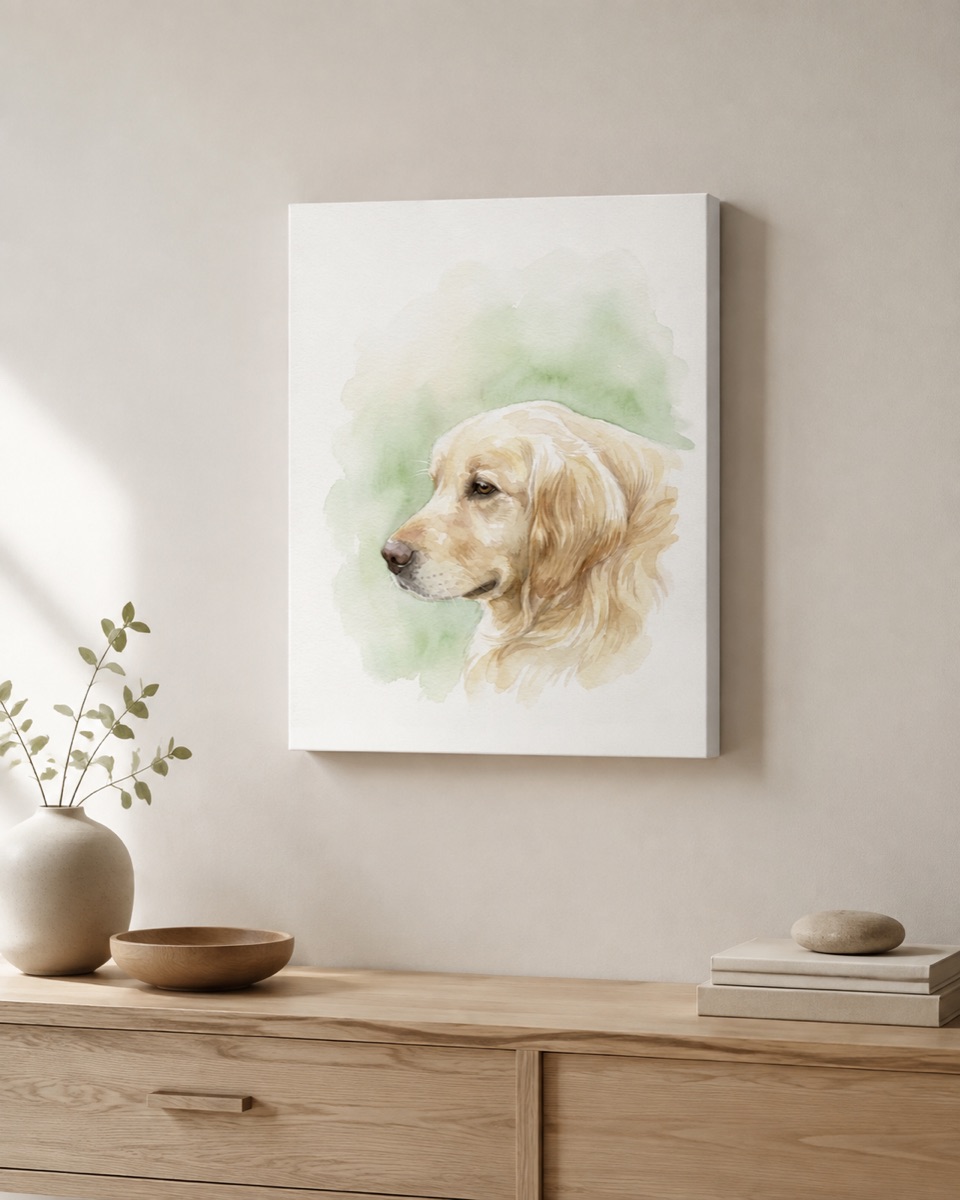 Watercolor golden retriever portrait as a 16x20 canvas above a dresser