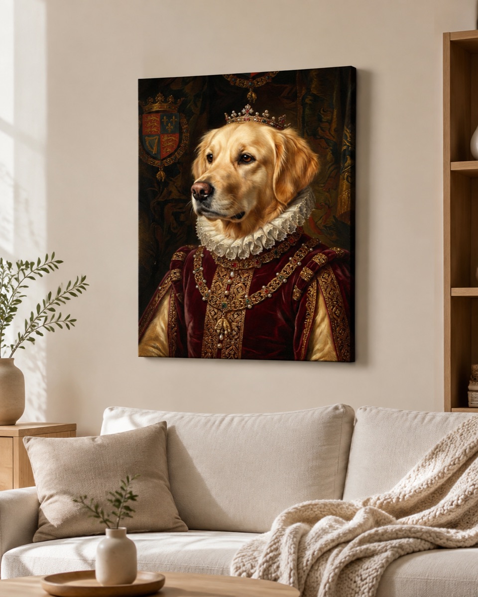 Royal golden retriever portrait as a 16x20 canvas on a living room wall